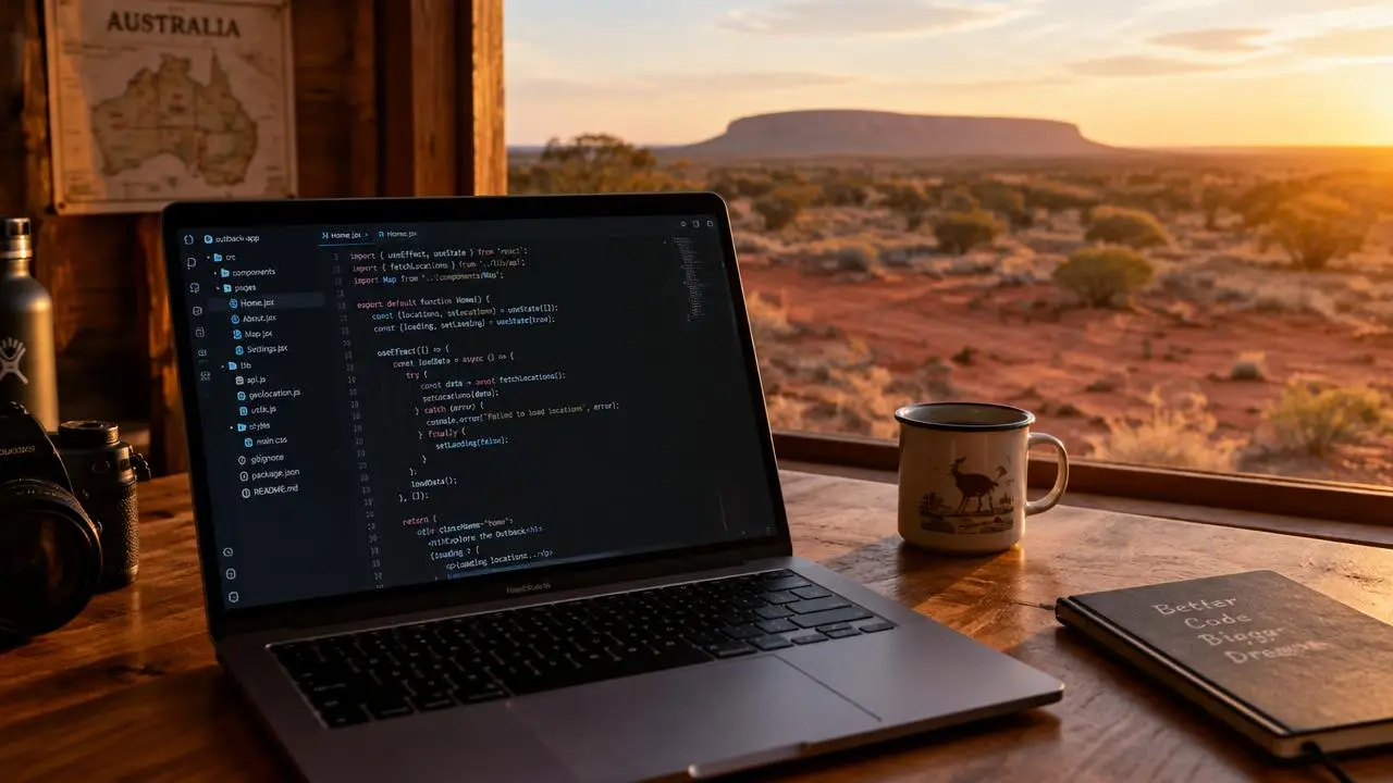 Laptop showing code on a wooden desk overlooking the Australian outback at sunset